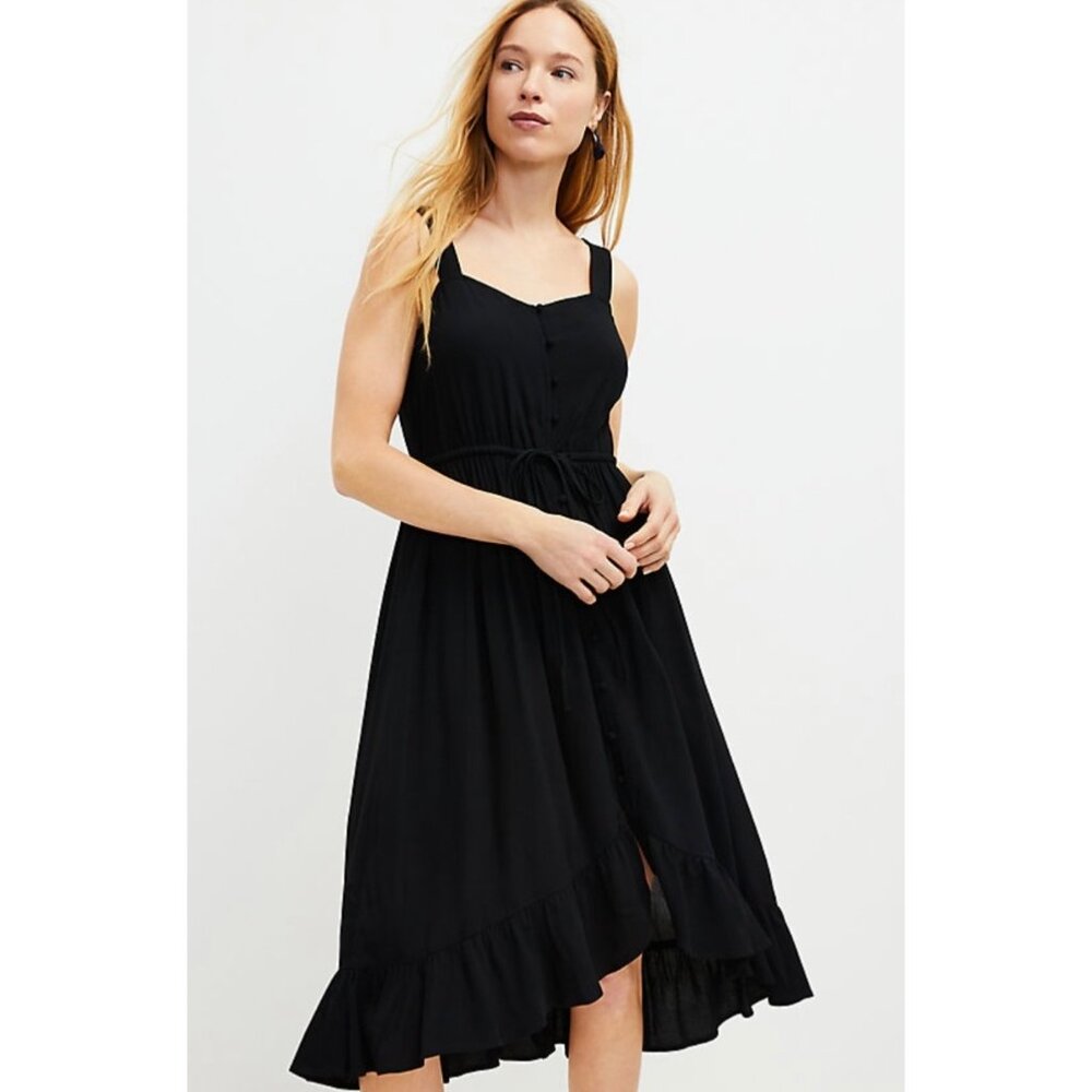 LOFT Black Sleeveless Button-Front Tiered Ruffle Midi-Length Dress NWOT Size 10